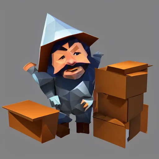 Prompt: low poly, a bewildered dwarf peering over the edge of his desk with only the top half of his face exposed, the desk being covered in sprawling piles of mail, low poly, low poly, low poly