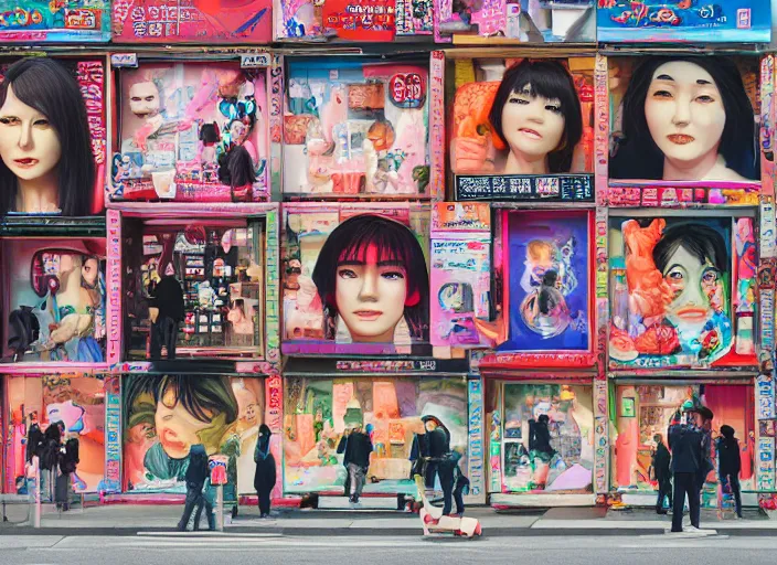 Image similar to group of people made of plastic and clay, 3 d, exterior street, neon japanese advertisements, portrait face, matt murphy, jeremy enecio, miles johnston, monet, cynical realism, john william godward, yoshitaka amano, miles johnston, louise zhang, matt murphy, enes dirig, pekka halonen, finnish naturalism, realism