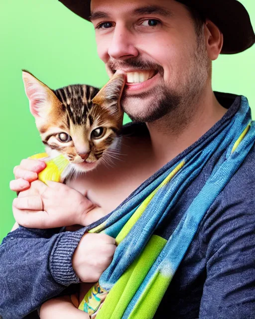 Prompt: gentlemen wearing a hat with floral print and wearing a baby sling on the back with a kitten in the sling, color studio portrait, golden ratio, backlit, happy, detailed eyes