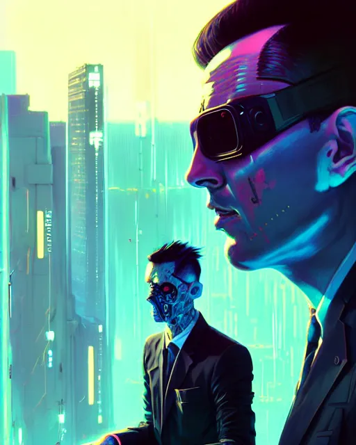 Image similar to cyberpunk synth, hyper - realistic portrait of a man in a suit with detailed background, cyberpunk, intricate, digital painting, by atey ghailan, by greg rutkowski, by greg tocchini, by james gilleard, by joe fenton, by kaethe butcher, dynamic lighting, gradient light blue, lighting color scheme, sharp focus, grunge aesthetic