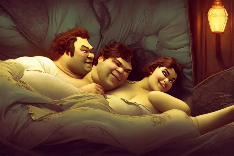 Image similar to pushkin and shrek lying in bed together, portrait, highly detailed, digital painting, artstation, concept art, smooth, sharp focus, illustration, cinematic lighting, art by artgerm and greg rutkowski and alphonse mucha