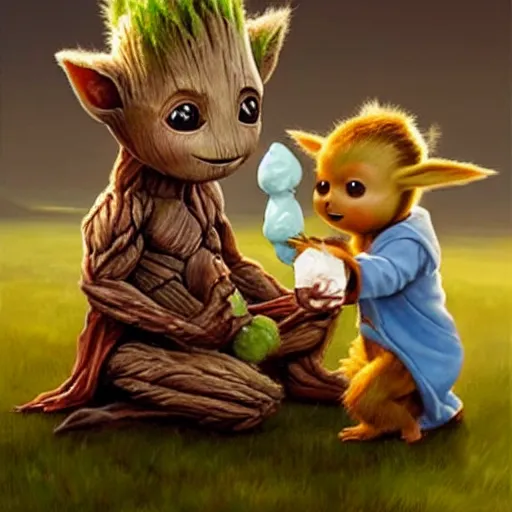 Prompt: a realistic painting by Raffaello Sanzi representing baby Groot and baby Yoda eating an ice cream together. In the back we see Pikachu, very detailed and beautiful lighting 8k, smooth,Sharp focus, realism, trending on Artstation