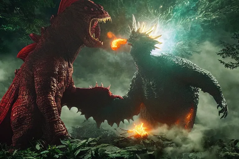 Prompt: a magician like dr. strange fights big monsters godzilla in the forest, cg