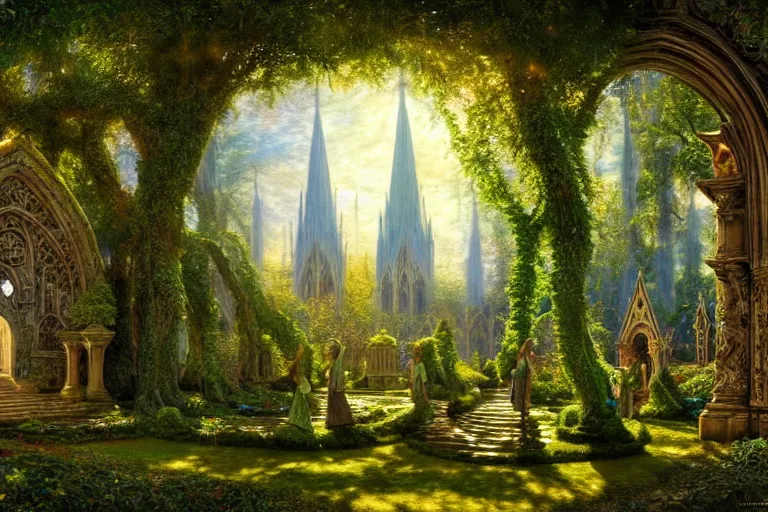 Image similar to a beautiful and highly detailed digital painting of an elven cathedral in a beautiful garden in a mystical forest, psychedelic, intricate details, cgsociety, 8 k, sharp focus, hyperrealism, by caspar friedrich, albert bierstadt, james gurney, brian froud,