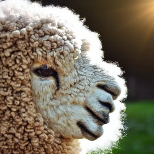 Prompt: an illustration of a sheepaca, an genetic combination of alpaca and sheep, sunlight, fluffy, adorable