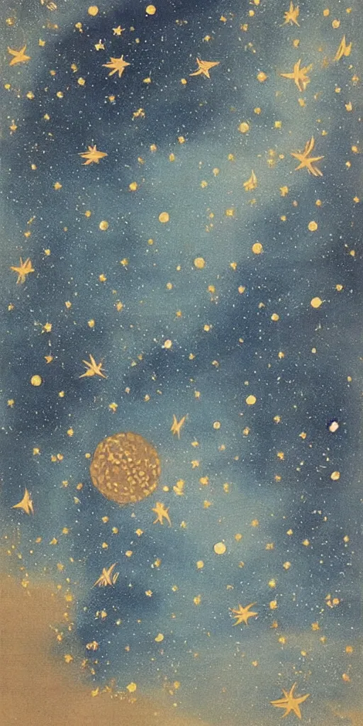 Image similar to traditional east asian painting of space, beautiful stars