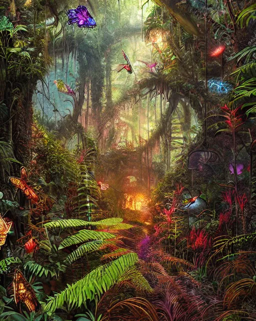 Prompt: photo of a beautifully rendered ancient magical jungle path with tall ferns and carniverous flowers and fireflies, deep rich colors, by android jones, detailed matte painting