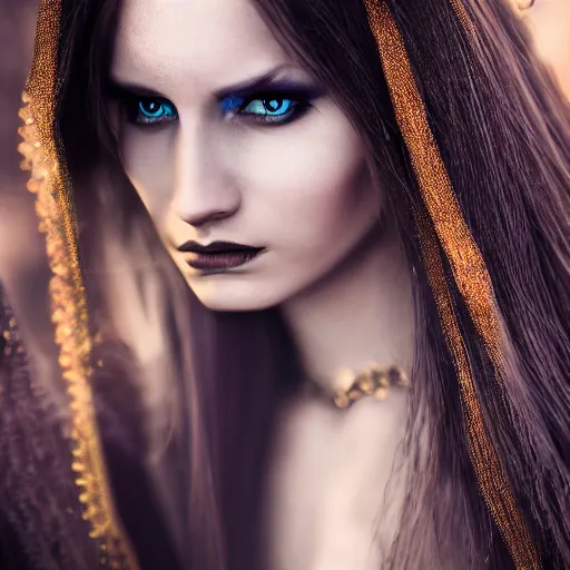 Image similar to beautiful portrait of a dark sorceress female, 35mm, cinematic shot, photorealistic, depth of field