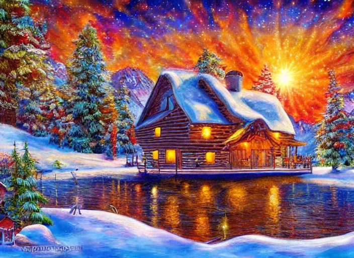 Prompt: beautiful cabin on a lake in the winter, 8 k, matte painting, in the style of artist, josephine wall