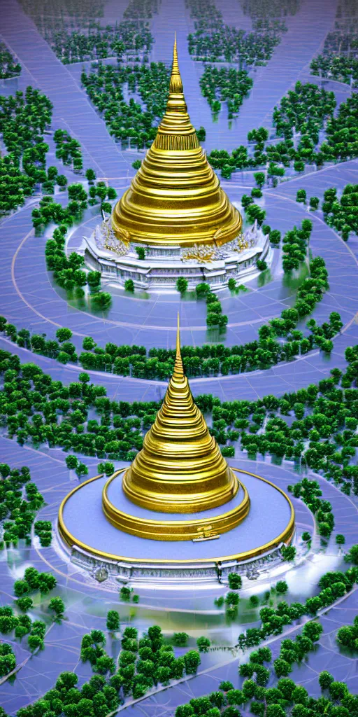 Image similar to opulent hyperbaric thai democracy monument on top and thai royal palace at the bottom prison chronomacrophotograph mycelial faberge vast circle round chamber on a nanometer scale. ultracomplex precision engineering diagram render, extra ray - tracing.