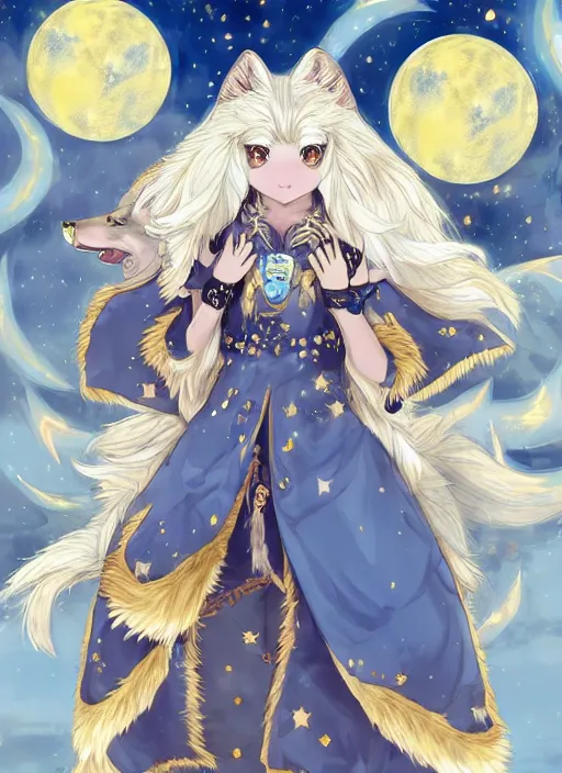 Image similar to commissioned full body portrait of a female anthro wolf princess fursona with a furry wolf head and white hair wearing a blue and gold Japanese armored dress in a white and gold palace on a starry night with a large crescent moon, by a professional manga illustrator, Stanley Artgerm Lau, WLOP, Rossdraws, James Jean, Andrei Riabovitchev, Marc Simonetti, and Sakimichan, trending on artstation