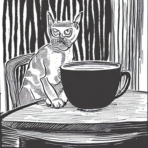 Image similar to A cat sipping coffee, cartoon
