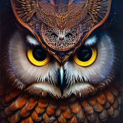 Prompt: a ultradetailed beautiful concept art of a an intricate wooden mask of an owl painted with beautiful colors, but the mask hide some dark secret, photorealism, some reflexion in eyes, sharp details, high resolution 4 k, by tom bagshaw, greg rutkowski, charli bowater and artgeem