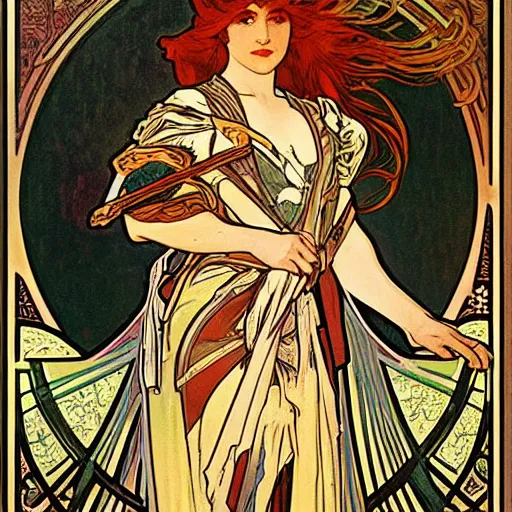 Image similar to legendary warrior, painted by alphonse mucha