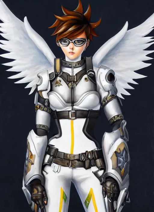 Image similar to full body artwork of tracer overwatch, wearing white steel armor outfit, in style of mark arian, angel wings, dramatic painting, wearing detailed leather collar, ornate highly detailed white shiny armor, chains, black harness, detailed face and eyes,