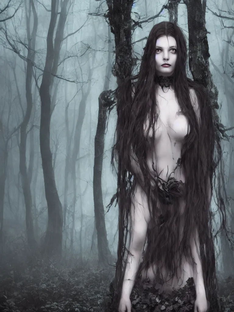 Image similar to beautiful dark witch in a gloomy horror forest cinematic, realistic, detailed, full body