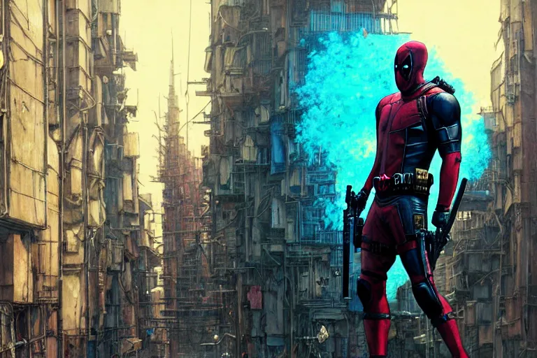 Prompt: Very highly detailed deadpool with very highly detailed mask on the street of a very highly detailed smooth scary village digital concept art by Greg Rutkowski, neofuturistic highly detailed, digital concept art, Dimensional cyan gold natural light, sharp focus, Golden Ratio illustration, realistic concept art by Stephen Hickman and James Gurney and Hiromasa Ogura Ghost in the Shell rendered in Octane Render, From the distance