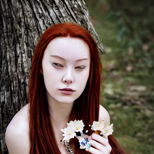 Prompt: dslr photo of a beautiful death woman with chestnut colored hair sitting on a bench wearing a flower skirt, and body and wearing hemp sandals and a very detailed faerie necklace around neck, artgerm, artstation, very high quality face, extremely high quality, moody lighting, real camera, real photo, photography by deviantart, 8 k, full subject in shot