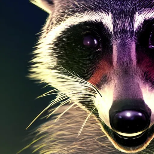 Image similar to a hyperrealistic octane render of a raccoon with a telephoto lens for a nose, photorealism, unreal engine, dramatic lighting, volumetric lighting, uplighting