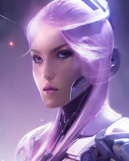 Image similar to perfect android girl on a mothership, warframe armor, beautiful face, scifi, futuristic, galaxy, nebula, raytracing, dreamy, long white hair, blue cyborg eyes, sharp focus, cinematic lighting, highly detailed, artstation, divine, by gauthier leblanc, kazuya takahashi, huifeng huang