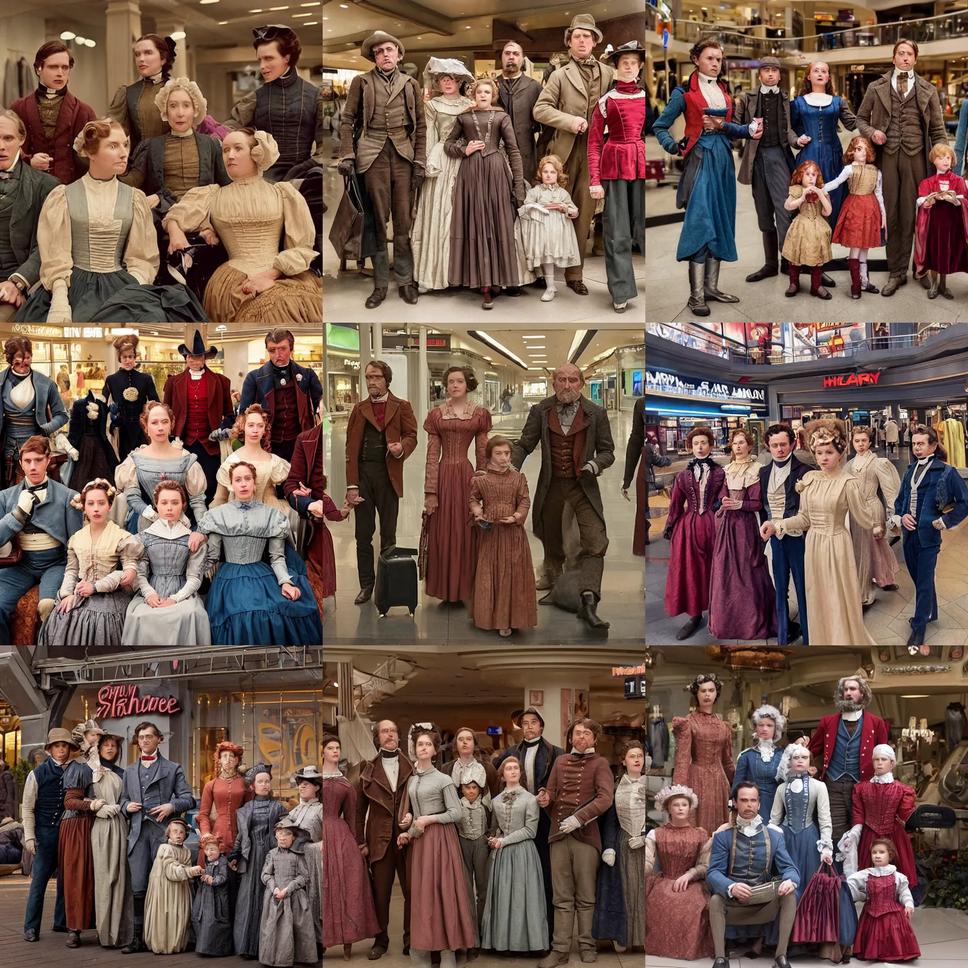 Prompt: sharp, highly detailed, screen shot from a sci fi blockbuster color movie made in 2019, a family of four time travelers from 1860 travel in time to 2019, appearing in a shopping mall, looking surprised, the family are all wearing 1860s era clothes, cinematic lighting, in focus, cinematic still