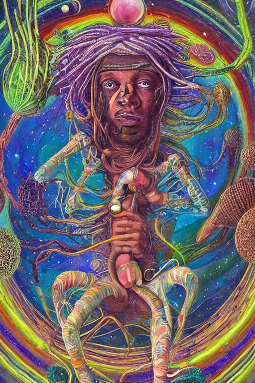 Prompt: a high hyper detailed painting with many complex textures of man with long dreadlocks making music in the cosmos, cosmic surreal psychedelic magic realism spiritual ufo art