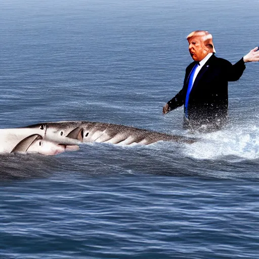 Image similar to donald trump running on water. sharks in the water. realistic.