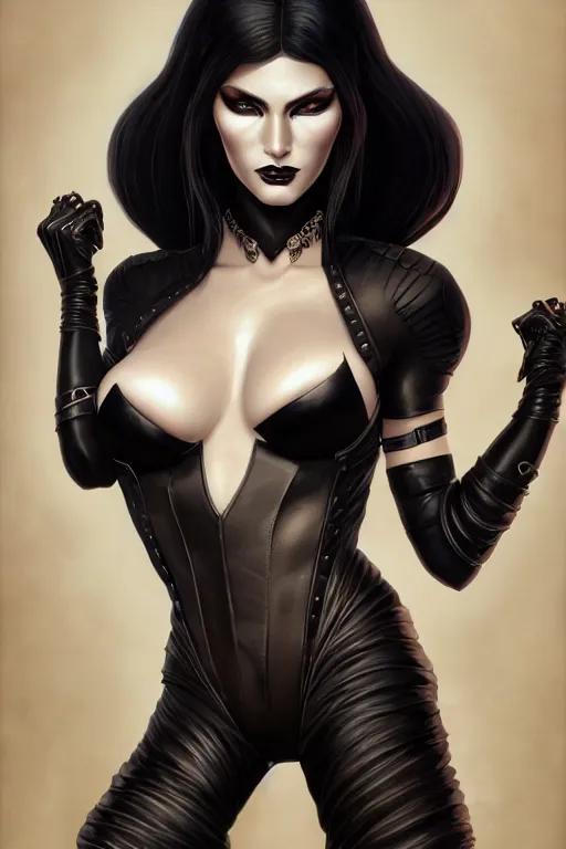 Image similar to portrait of dark goddess, black leather and velvet, body fully clothed, digital art, highly detailed, intricate, sharp focus, Trending on Artstation, HQ, unreal engine 5, 4K UHD image, by brom, artgerm, face by Otto Schmidt