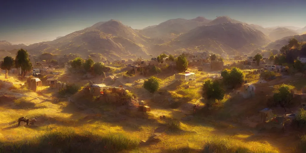 Image similar to Lively sunny landscape of an palestinian village realistic detailed digital art by Maxwell Boas Jessica Rossier Christian Dimitrov Anton Fadeev trending on Artstation CGSociety rendered in Unreal Engine 4k HQ