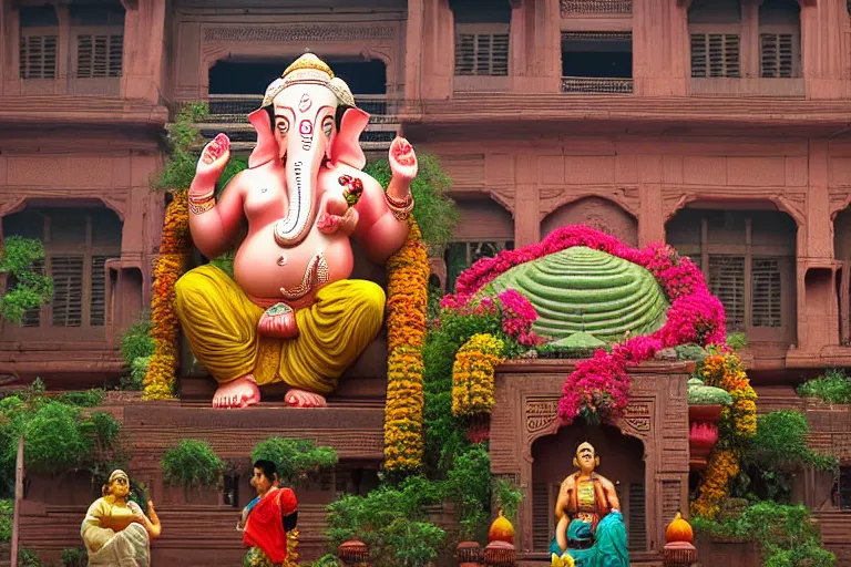 Image similar to beautiful biomorphic new delhi, ganesha!! building, kalighat flowers, octane highly detailed cinematic, stephen shore & john j. park, soft morning light, wide shot, aerial shot, uhd 8 k, shallow depth of field