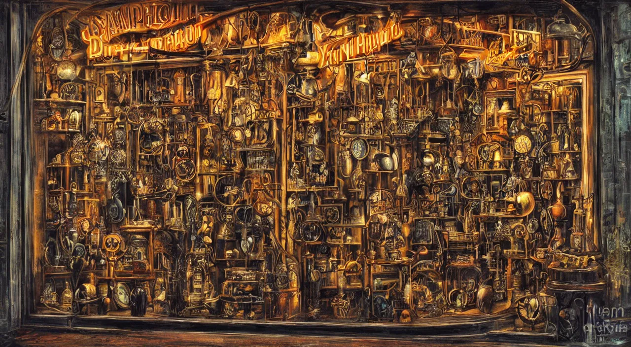 Prompt: steampunk shop window by guido borelli da caluso, darkness, neon lights, photo realistic, completely filled with interesting oddities, things hanging from ceiling, light bulbs, cinematic