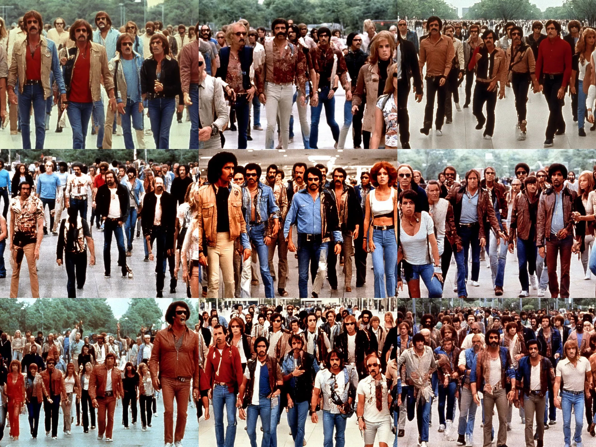 Prompt: social media billionaires walking the mall in george a. romeros dawn of the dead, 7 0 s movie still, awkward look