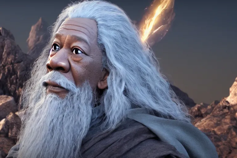 Image similar to morgan freeman starring as gandalf in lord of the rings, still from a pixar movie, high quality 3 d render, movie, pixar, renderman, 4 k, artstation