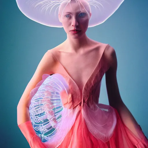 Image similar to Fashion photography of a woman wearing a dress inspired by a jellyfish, artistic photography, insanely detailed, chiaroscuro, cinestill 800t, Vogue magazine