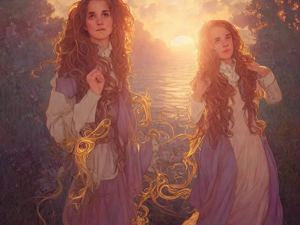 Image similar to hermione granger with hogwarts as background at sunset, highly detailed, gold filigree, romantic storybook fantasy, soft cinematic lighting, award, disney concept art watercolor illustration by mandy jurgens and alphonse mucha and alena aenami, pastel color palette, featured on artstation