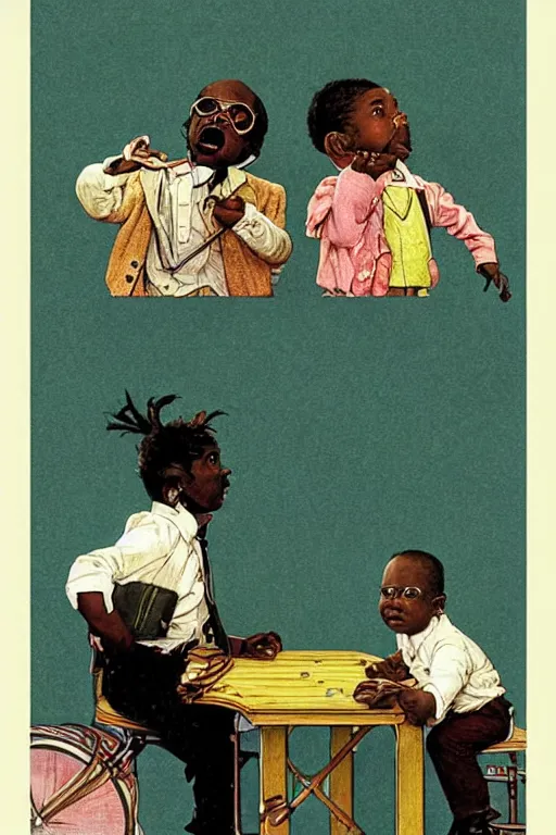 Image similar to Outkast, illustrated in whimsical style, Illustration by Norman Rockwell,