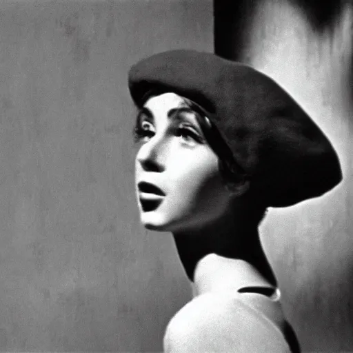 Image similar to still from a masterpiece 1 9 6 0 s french art film, very beautiful and elegant girl in beret with large eyebrows with an angry expression while talking to a man, moody lighting, viewed from afar, cinematic shot, the movie is in color