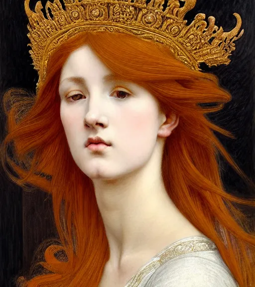 Prompt: portrait of a beautiful auburn - haired woman with a guilded crown sitting on a throne with heightened detail, poised, intense emotion, detailed facial expression, detailed surroundings, intricate, elegant, highly detailed, centered, digital painting, artstation, concept art, smooth, sharp focus, illustration, by ( sir edward coley burne - jones ), wlop