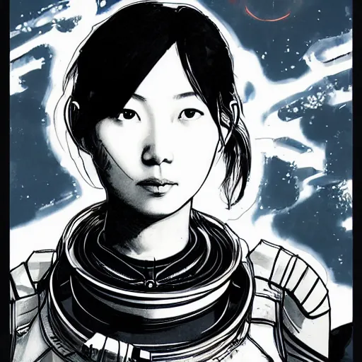 Image similar to portrait of an asian woman as an astronaut character in the style of Death Stranding by Yoji Shinkawa and Ashley Wood