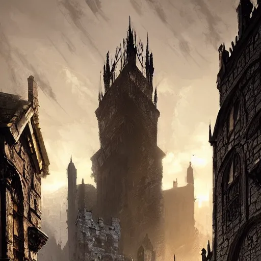 Prompt: a face made of Edinburgh buildings, castle, Georgian architecture, (bloodborne), by Ian McQue, by Ted Nasmith, golden hour, gothic architecture