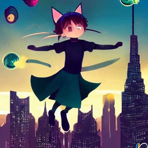 Prompt: brave 7 year - old girl with cat ears jumping through the air, futuristic skyline behind her, determined look, tight shot, highly coherent, saga comic, graphic novel, fiona staples