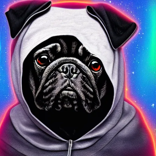 Prompt: a sad pug wearing a hoodie, the word ( sad ) is typed on the hoodie in upper case letters, digital art, synthwave style, trending on artstation, matte painting