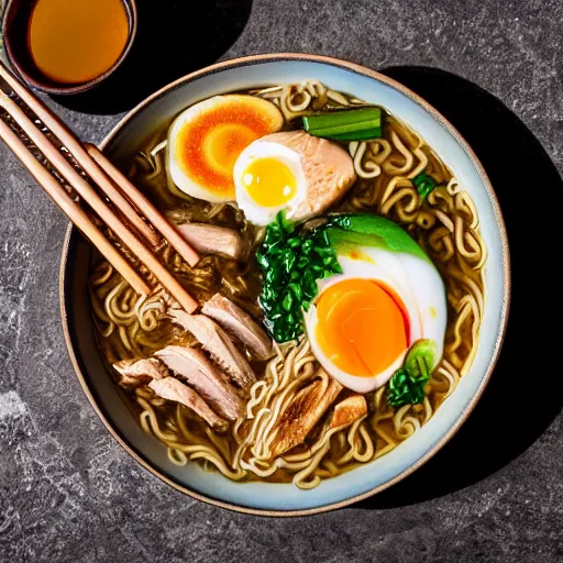 Image similar to A delicious ramen with chicken, eggs, and veggies, photorealistic imagery, 35mm photography, 4k, 8k