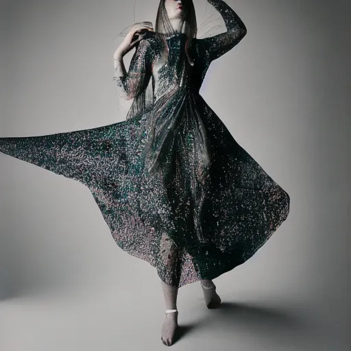 Image similar to Fashion photography of a woman wearing a dress inspired by a jellyfish, artistic photography, insanely detailed, chiaroscuro, cinestill 800t, Vogue magazine