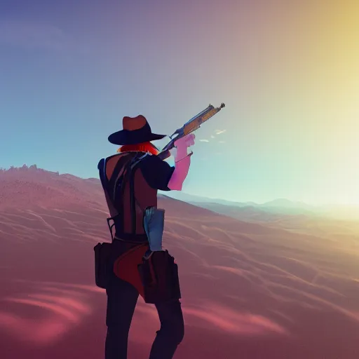 Image similar to gunslinger overlooking the desert, Art Deco, cel-shading, unity, 8k, 4k, pixiv