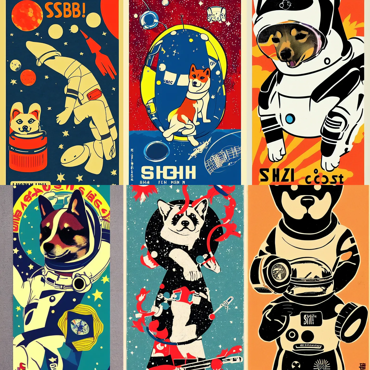 Image similar to Shiba Inu cosmonaut, 60s poster, in the style of a music poster 1960s