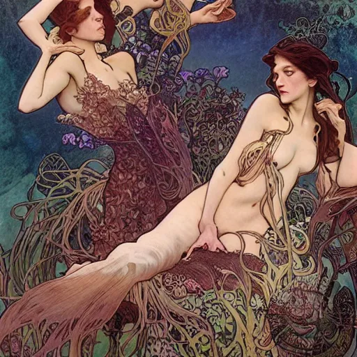 Prompt: a group of mermaids lounging around a desert oasis, drinking nectar, by Alphonse Mucha, Ayami Kojima, Amano, Charlie Bowater, Karol Bak, Greg Hildebrandt, Jean Delville, and Mark Brooks, Art Nouveau, Neo-Gothic, gothic, rich deep moody colors