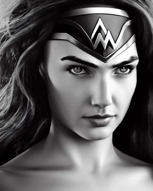 Image similar to tired angry wonderwoman portrait hd sharp monochrome technoir photo with mix of gal Gadot and Linda Carter in frank Miller Alex Ross style detailed trending on artstation Leica Zeiss depth of field