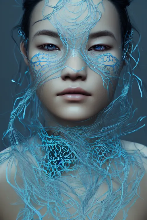 Image similar to intricate highly detailed face portrait of asian - european woman, light blue water vines on her face, intricate, cgsociety, unreal engine, octane render, sharp focus, smooth, volumetric lighting, cinematic composition, artstation