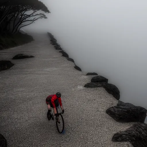 Image similar to a scene from a fever dream, Bicycling on a rocky path in 1st person entering the scary murky ocean!! Fog! Ultra realistic! 25mm f/1.7 ASPH Lens!